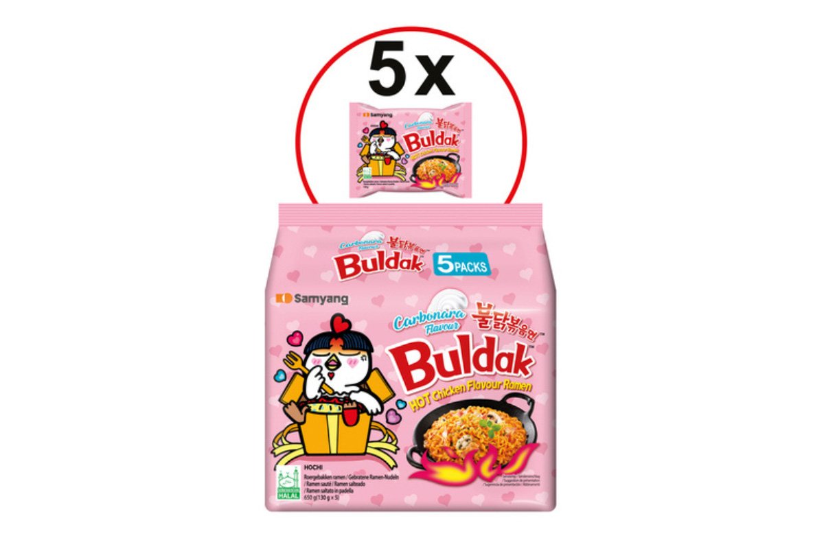 Buldak Samyang Carbonara - Ramen poulet &eacute;pic&eacute; - Pack de 5 x 130 g (650 g)