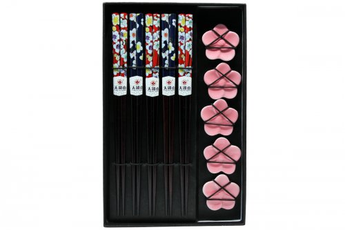 Coffret 5 paires de baguettes bois, thème "sakura" avec porte-baguettes « fleur rose » Coffret 5 paires de baguettes bois, thème "sakura" avec porte-baguettes « fleur rose »
