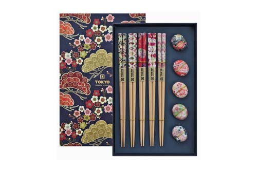 Coffret de 5 paires de baguettes et reposes baguettes motifs floraux Coffret de 5 paires de baguettes et reposes baguettes motifs floraux