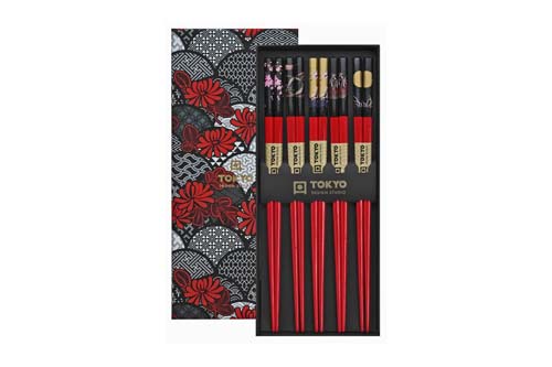 Coffret de 5 paires de baguettes motifs floraux rouges Coffret de 5 paires de baguettes motifs floraux rouges