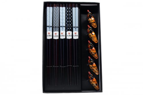 Coffret 5 paires de baguettes bois, ton bleu avec porte-baguettes « canard » Coffret 5 paires de baguettes bois, ton bleu avec porte-baguettes « canard »
