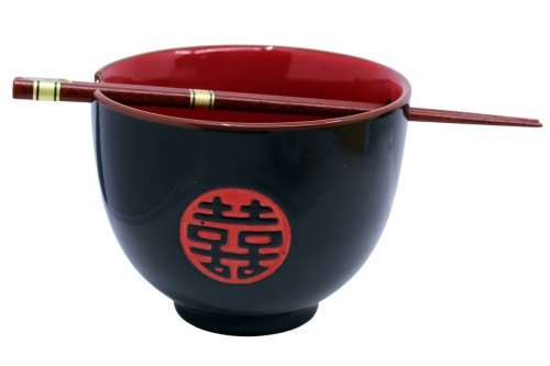 Bol repose baguettes noir et rouge motif double bonheur et baguettes - 13cm